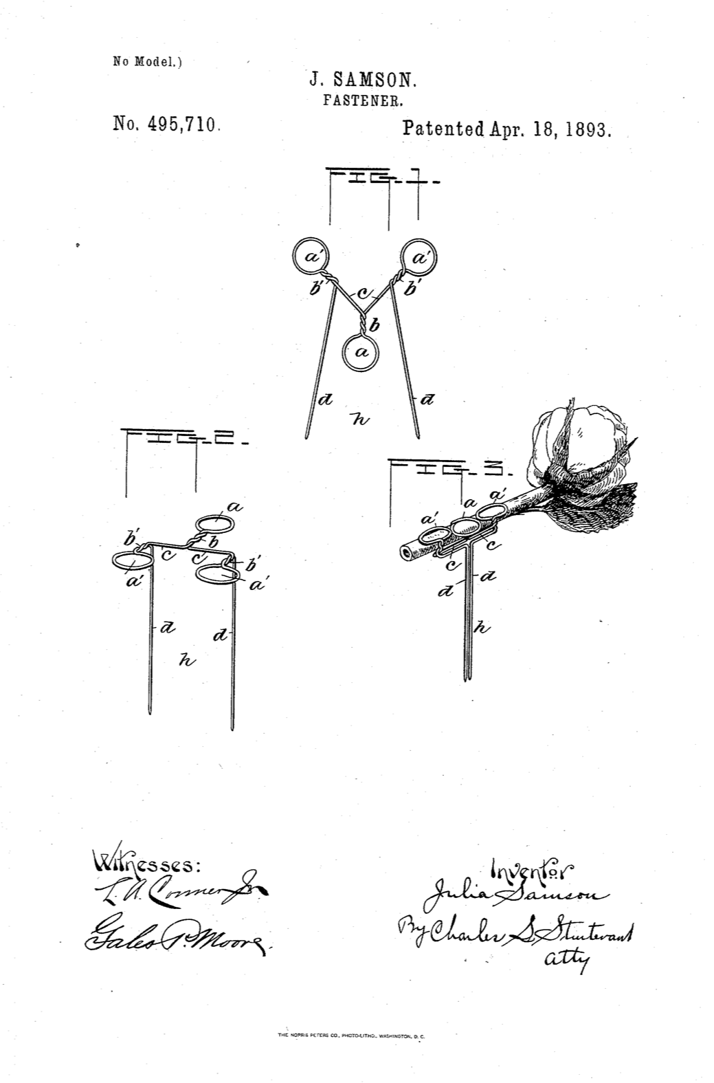 Drawing specifications of Julia F. Samson’s 1893 patented decorative fastener.