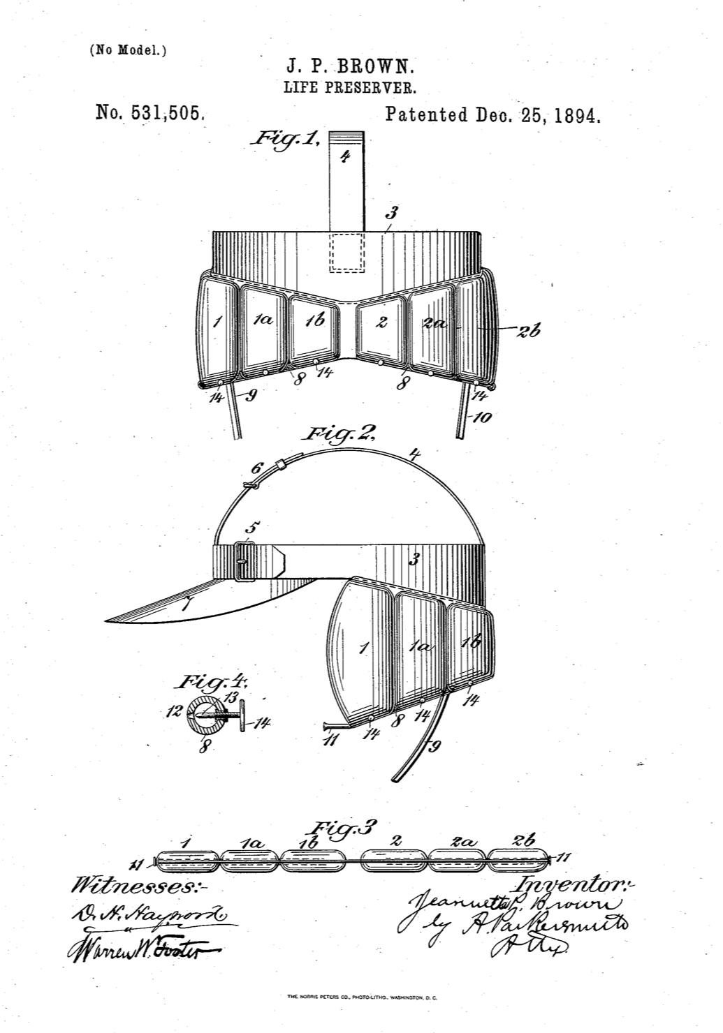 Drawing specifications of Jeanette P. Brown’s 1893 patented design for a life preserver.