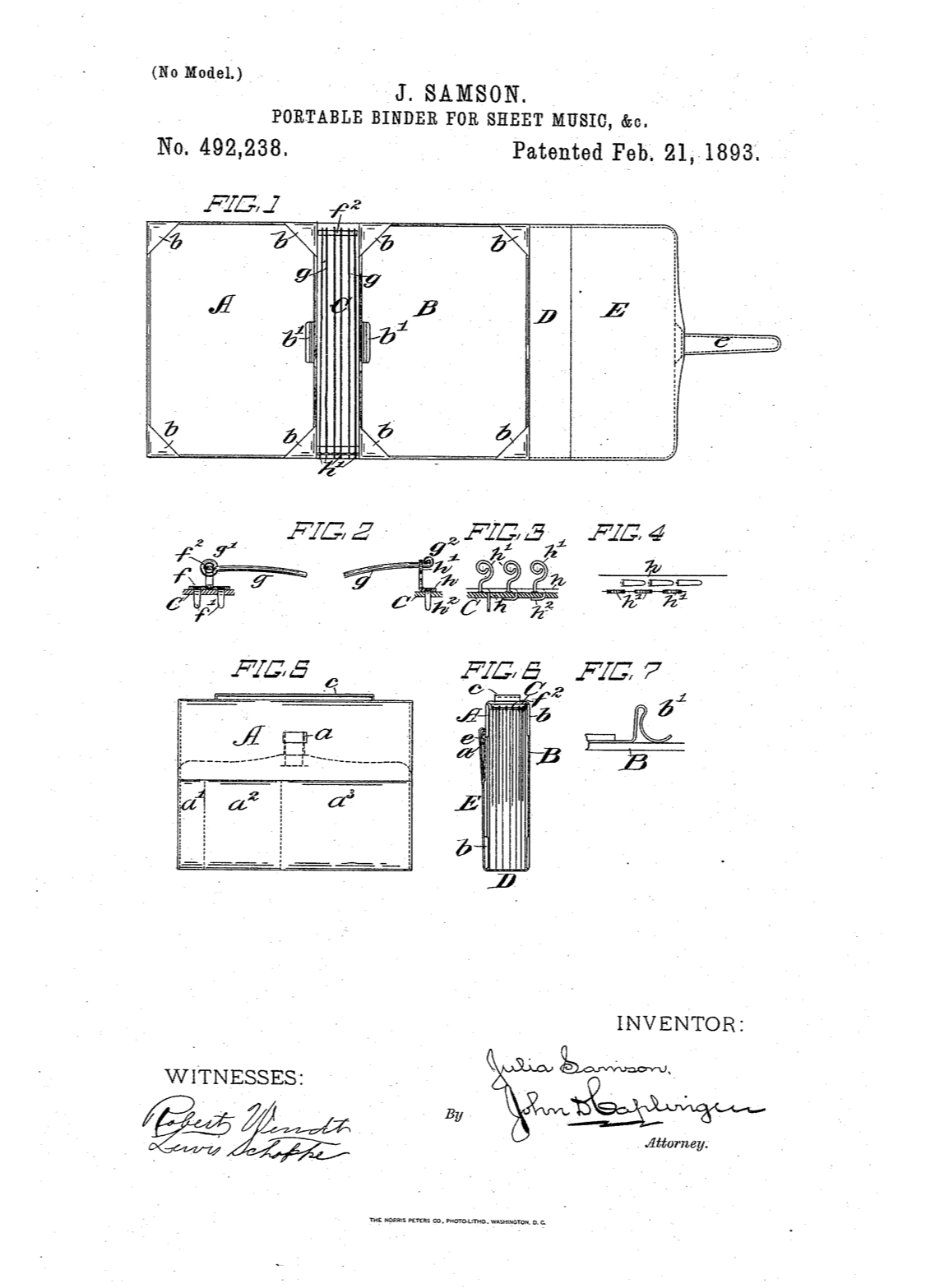 Drawing specifications of Julia F. Samson’s 1893 patented design for a portable binder for sheet music.