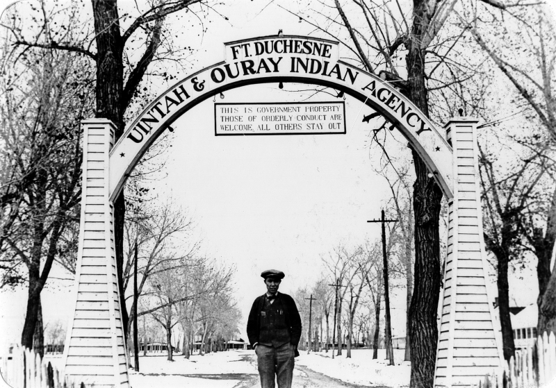 Wong Sing at the entrance to Fort Duchesne Uintah Indian Agency as it appeared at the turn of the 20th century.